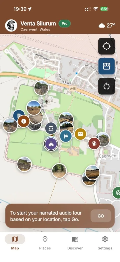 Venta Silurum map tab with GPS tour stops around Caerwent Roman Town